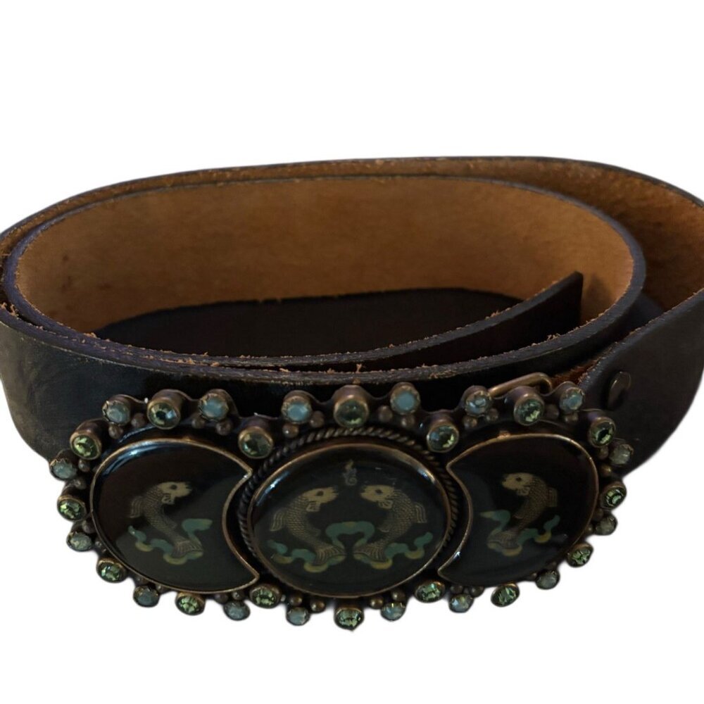 VTG 3 Circle Embellished Fish Belt Buckle w Leather Belt, 37” L x 1.5” W -Signed - Picture 2 of 6